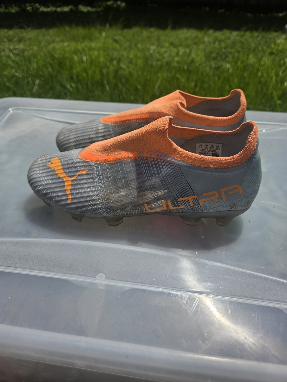 PUMA Ultra 3.4 Jr Laceless Soccer Cleats Silver Orange 2.5C
